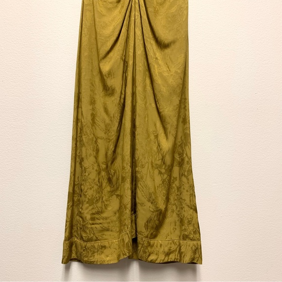Zara Draped Jacquard Midi Maxi Dress Size Small Ruched Collared Olive Cap Sleeve - Picture 8 of 14